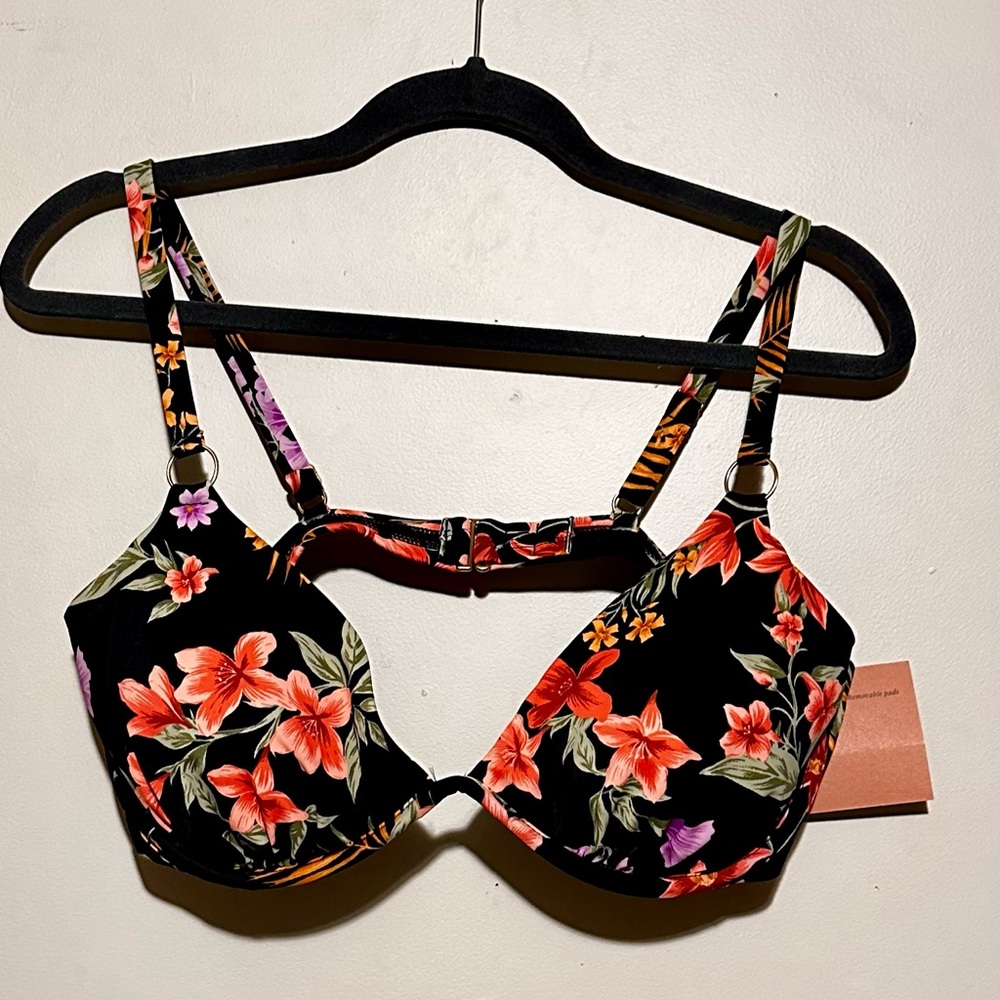 NWT Shade & Shore Underwire Bikini Top Bra Sized 38DD- black tropical floral
